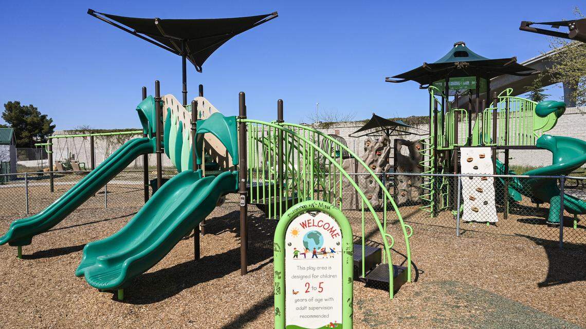 Playground equipment is photographed at Romain Playground in Fresno on Tuesday, March 8, 2022. Fresno Mayor Jerry Dyer announced that the city is receiving a $5 million grant from the state’s Clean California program to help improve the curb appeal of the city.