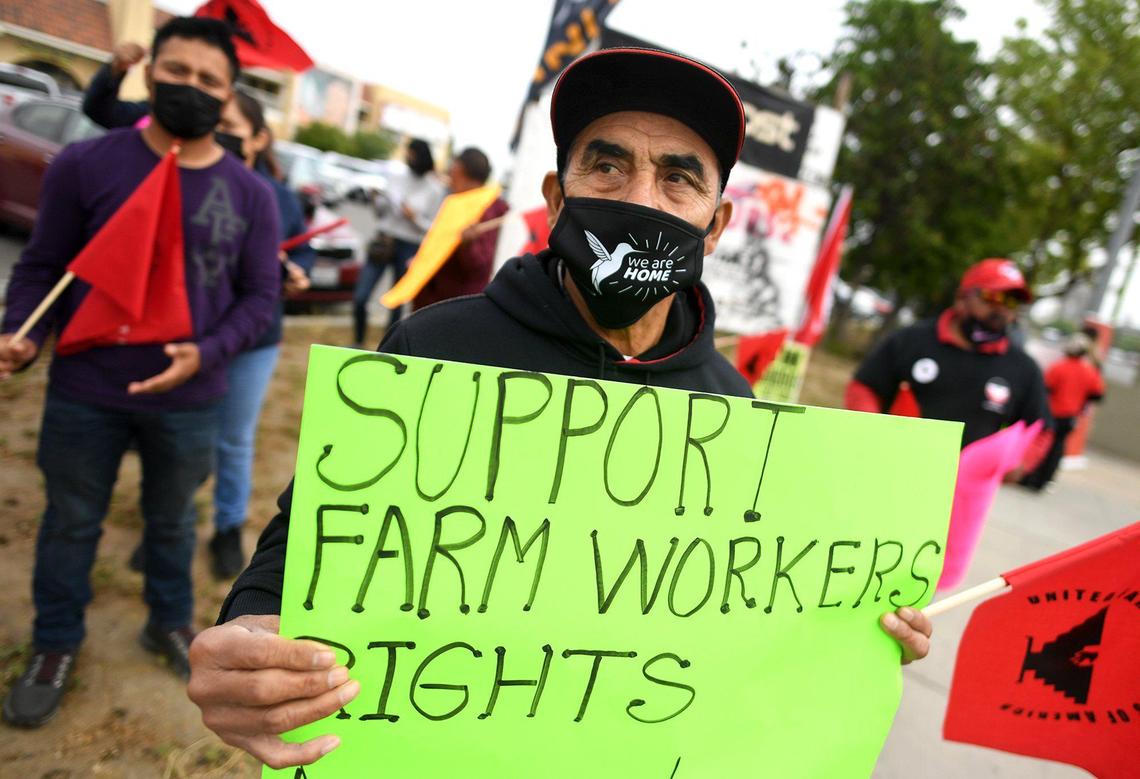 Farmworker inocencio Cortez joins the rally in downtown Fresno on Cesar Chavez Day, March 31, 2022, to help urge Governor Newsom to sign the Ag Labor Voting Choice Act, providing more choices in how farm workers can vote in their union elections.