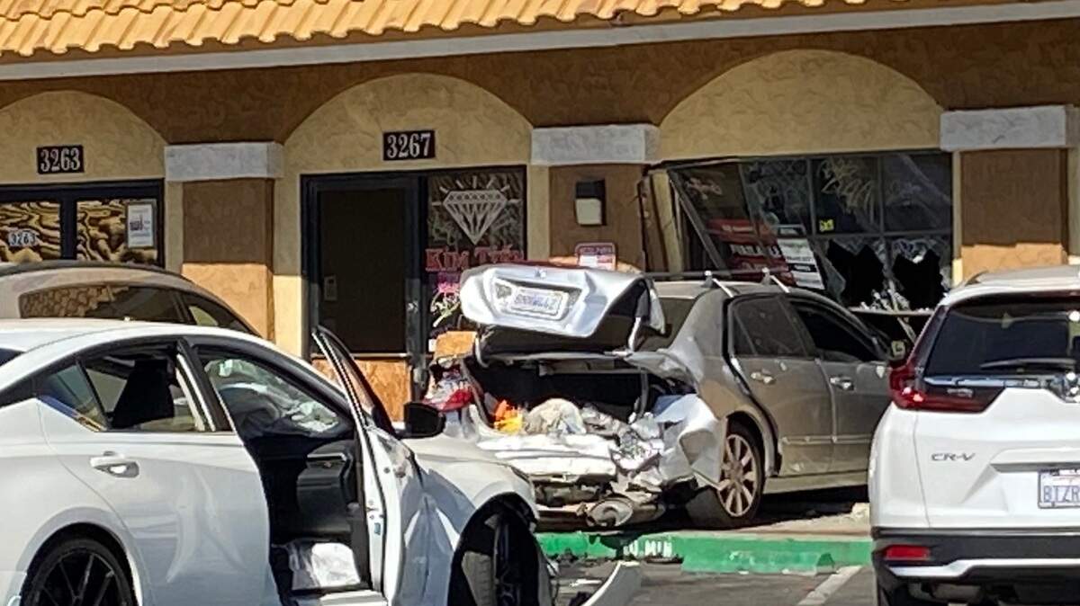 A vehicle ended up in a vacant business after the driver accidentally hit the gas instead of the brakes in Fresno, California on Sunday, Aug. 18, 2024.