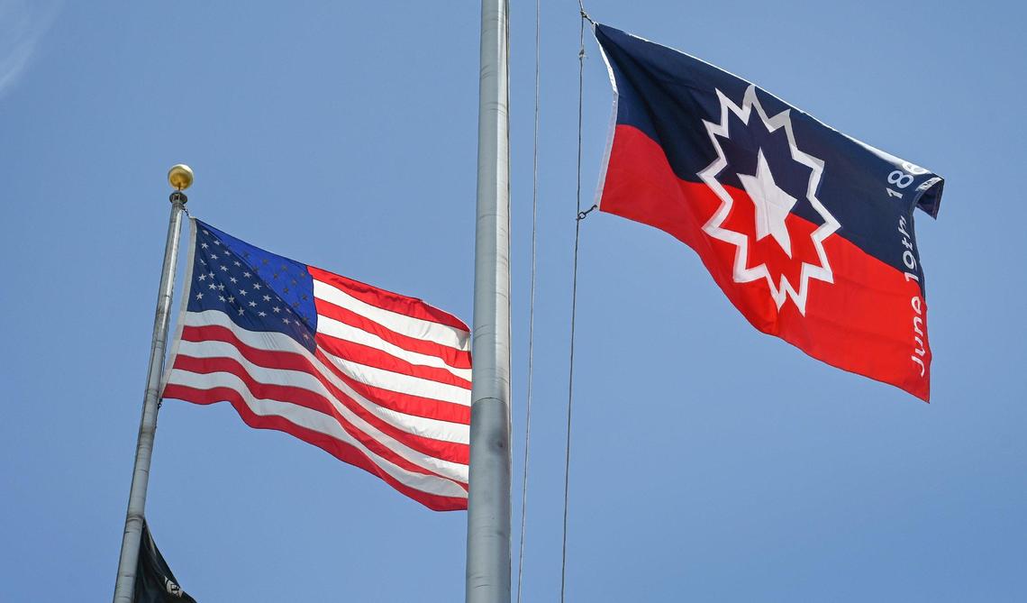 The Juneteenth flag flies over Fresno City Hall for the fist time following a ceremony on Monday, June 20, 2022.