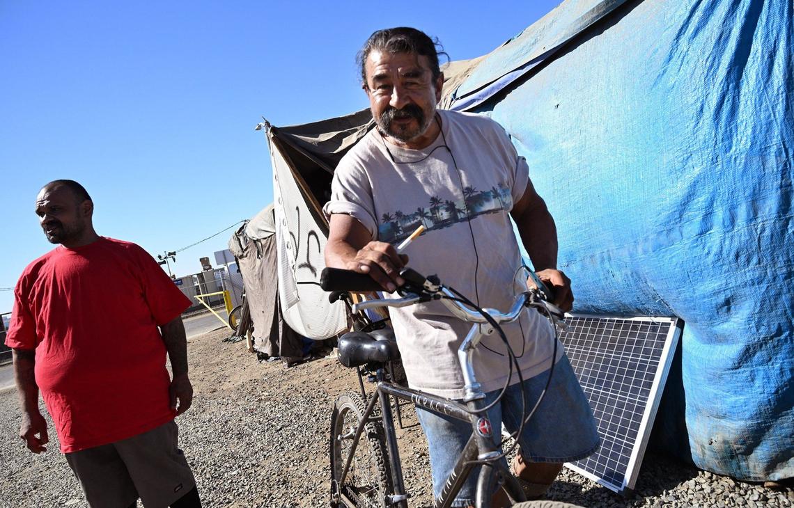 Manuel, who withheld his last name, 71, is a veteran and has been living at Tulare’s temporary encampment for two years. Manuel said there are good and bad aspects to the encampment, but feels he had it better at a previous location. Photographed Tuesday, Sept. 10, 2024.