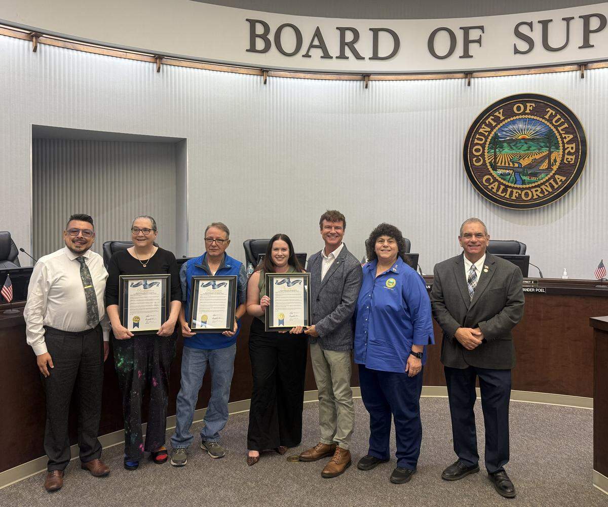 On June 2, 2026, Tulare County Supervisors Amy Shuklian, Larry Micari and Eddie Valero recognize The Source LGBTQ+ Center, PFLAG Tulare and Kings Counties and the Visalia Pride Lions Club for their contributions made to Tulare County with a proclamation on June 2, 2026. Pictured are the supervisors with representatives from each organization.