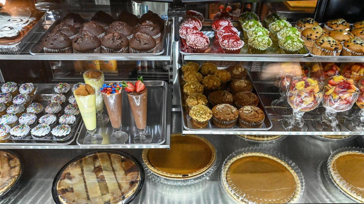 Pies, muffins and other baked goods and treats are displayed at Daddy Waffles, which is opening in the shopping center northwest of Herndon and Marks in Fresno.