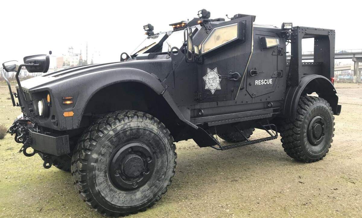 An MRAP armored personnel carrier owned by the Fresno Police Department, as shown in the agency’s military equipment use report and inventory mandated by AB 481.
