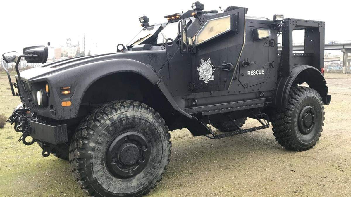 An MRAP armored personnel carrier owned by the Fresno Police Department, as shown in the agency’s military equipment use report and inventory mandated by AB 481.