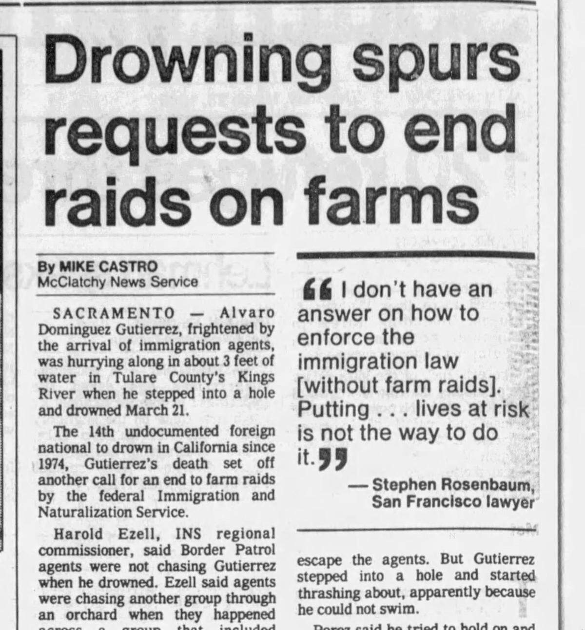 Screenshot of Fresno Bee archival story from March 28, 1985 about a drowning following an immigration raid nea Kingsburg