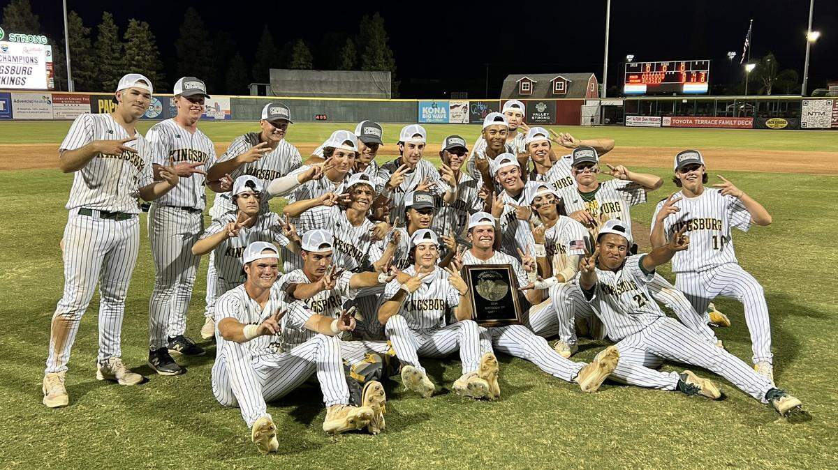 Kingsburg High celebrates a Central Section Division III title on Thursday, May 23, 2024.