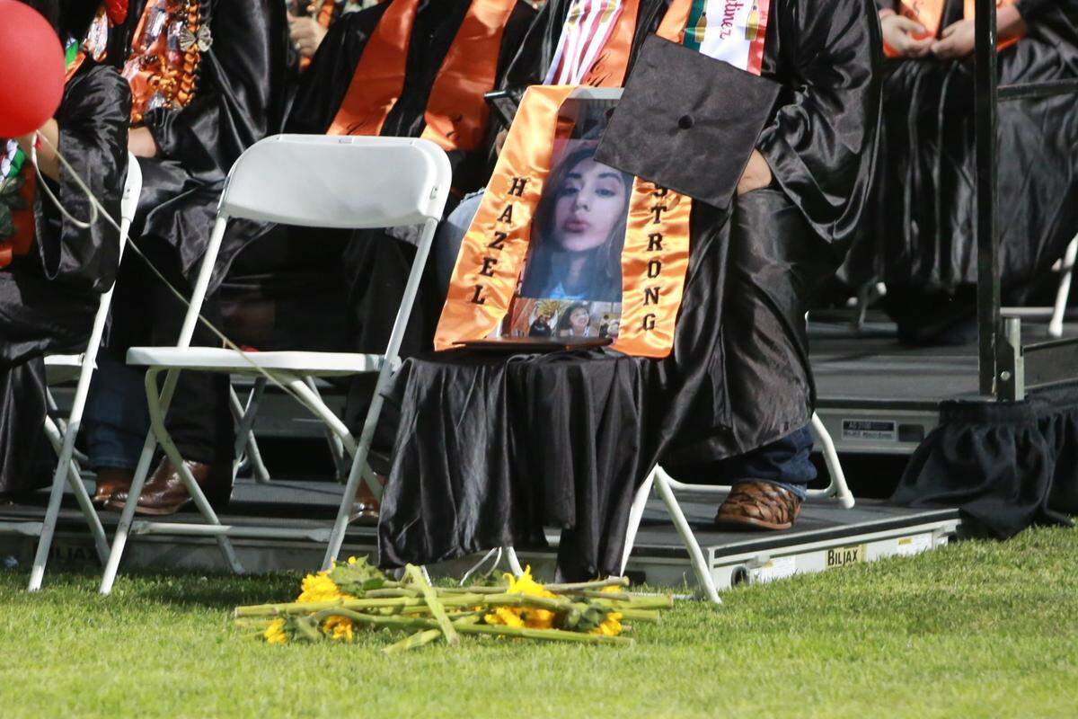 The entire Coalinga High School graduating Class 2022 released more than 250 red balloons in memory of senior Hazel Medina who would have graduated with them followed by a moment of silence.