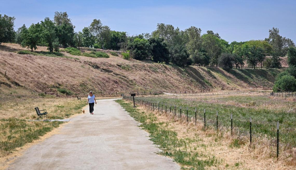 A woman walks her dog along one of the San Joaquin river access trails just below Woodward Park in Fresno on Wednesday, April 20, 2025.