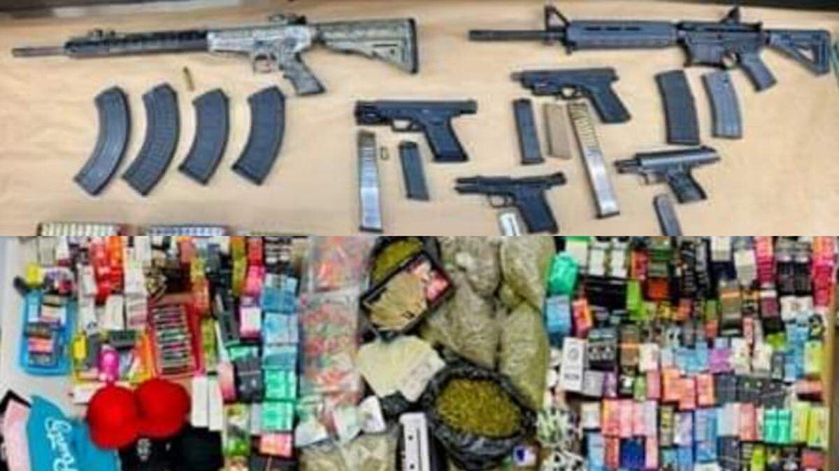 Six firearms and a supply of cannabis-based products seized by Fresno police on Wednesday, Oct. 13, 2021, after serving warrants at an illegal cannabis dispensary.