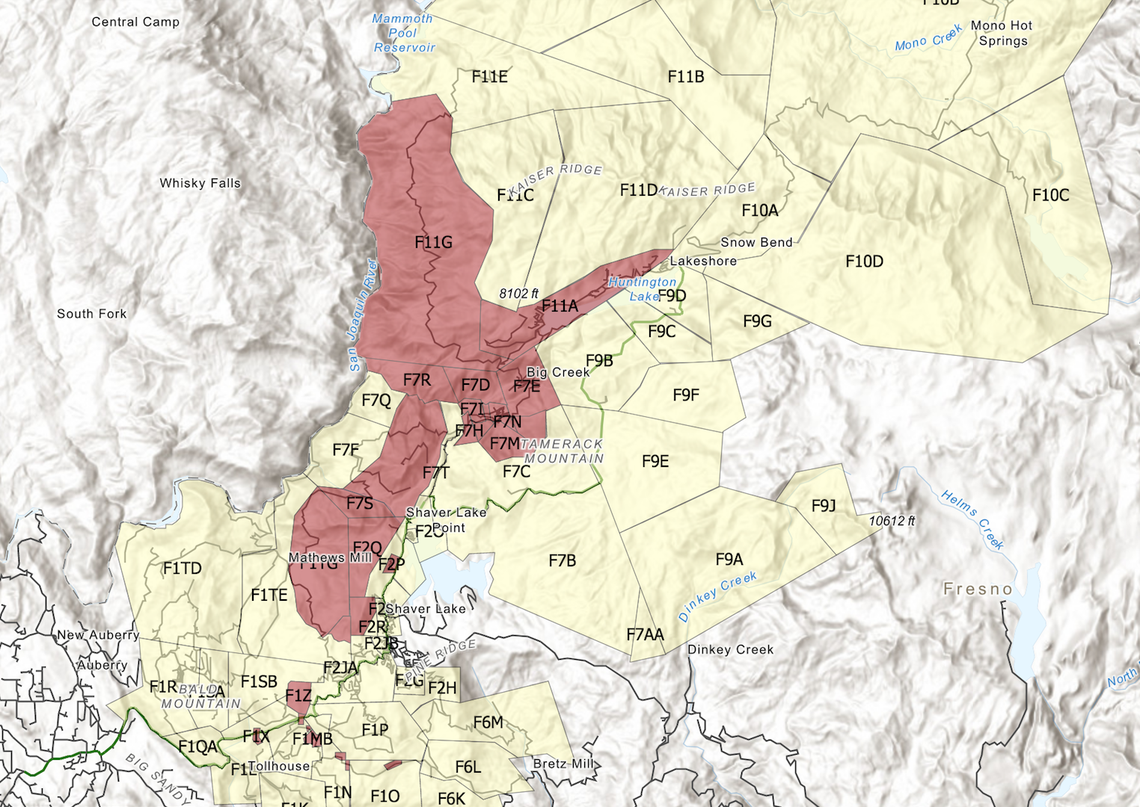 A screenshot of a Fresno County Sheriff’s Department map that illustrates what communities in the Creek Fire burn scar are at “extreme risk” of mudslide, rockfall or debris flow.