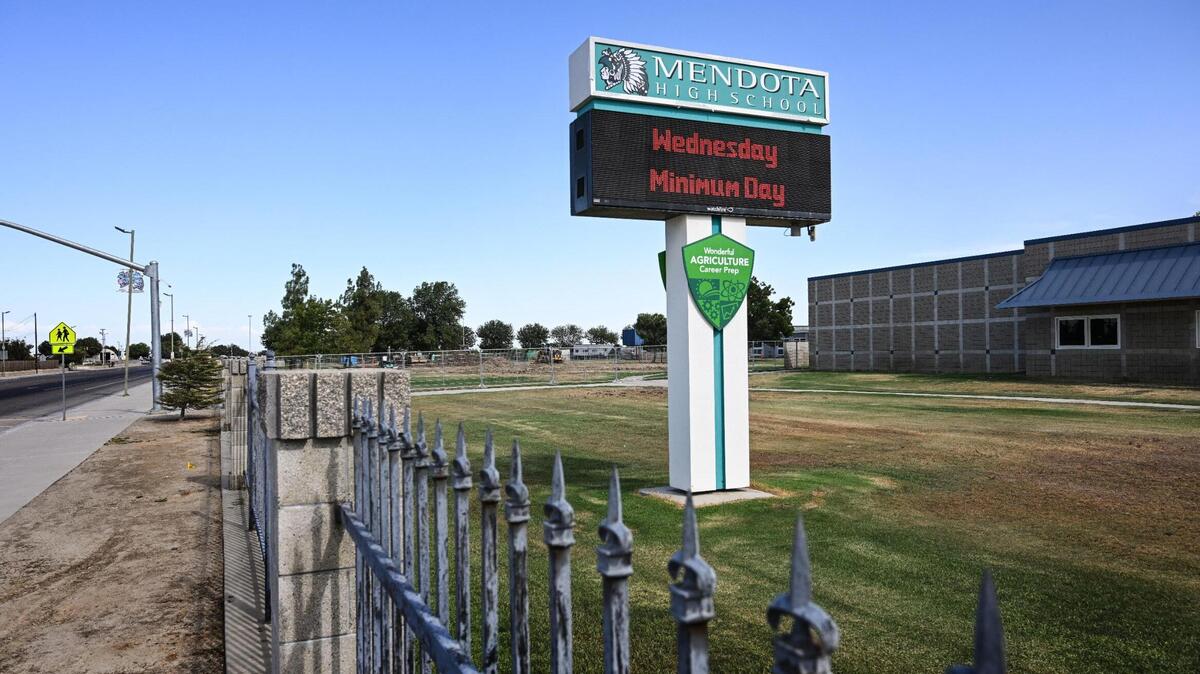 A marquee sign stands in front of Mendota High School on Thursday, Aug. 17, 2023. The Mendota Unified School District has been a source of much community pride in recent years.