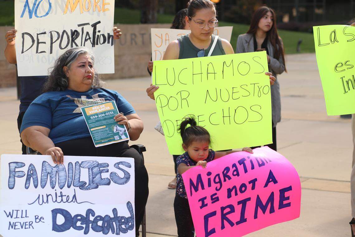 The May 1st Coalition, a broad coalition of community-based organizations and residents, urges the immigrant community to protect themselves against immigration crackdown during a press conference outside of the Robert E. Coyle United States Courthouse, in downtown Fresno on Oct. 1, 2025.