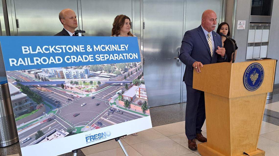 Fresno Mayor Jerry Dyer, second from right, announces that the city received an $80 million grant from the California State Transportation Agency to help pay for separating at-grade railroad crossings at Blackstone and McKinley avenues. Also at the July 6, 2023, announcement at Fresno City Hall were, from left, Public Works Director Scott Mozier, City Manager Georgeanne White, and City Council Vice President Annalisa Perea.