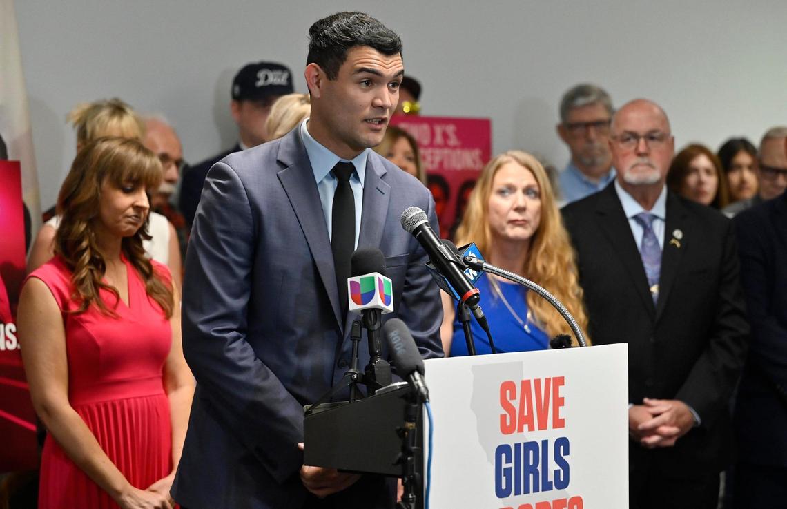 Assemblyman David Tangipa, center, answers questions as Clovis Republican leaders pushed back against the inclusion of a trans-athlete at this weekend’s CIF State Track & Field Championships holding a press conference Thursday, May 29, 2025 in Clovis.