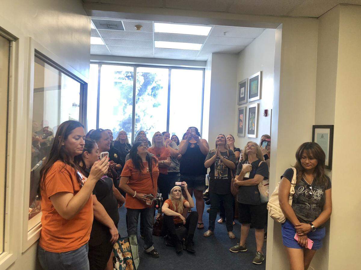 Supporters and opponents of a proposed privately-funded animal shelter filled the Fresno County Board of Supervisors chambers and spilled into the adjacent lobby and hallway on Tuesday, Sept. 11, 2018.