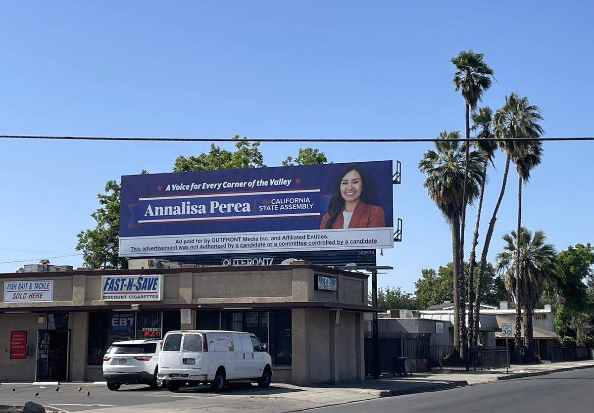 A billboard in support of Assembly District 31 candidate Annalisa Perea at the corner of Belmont and Van Ness avenues in Fresno was paid for by Outfront Media, Inc. and affiliated entities. Business, labor and political groups have made nearly $2 million in expenditures in support of Perea’s campaign.