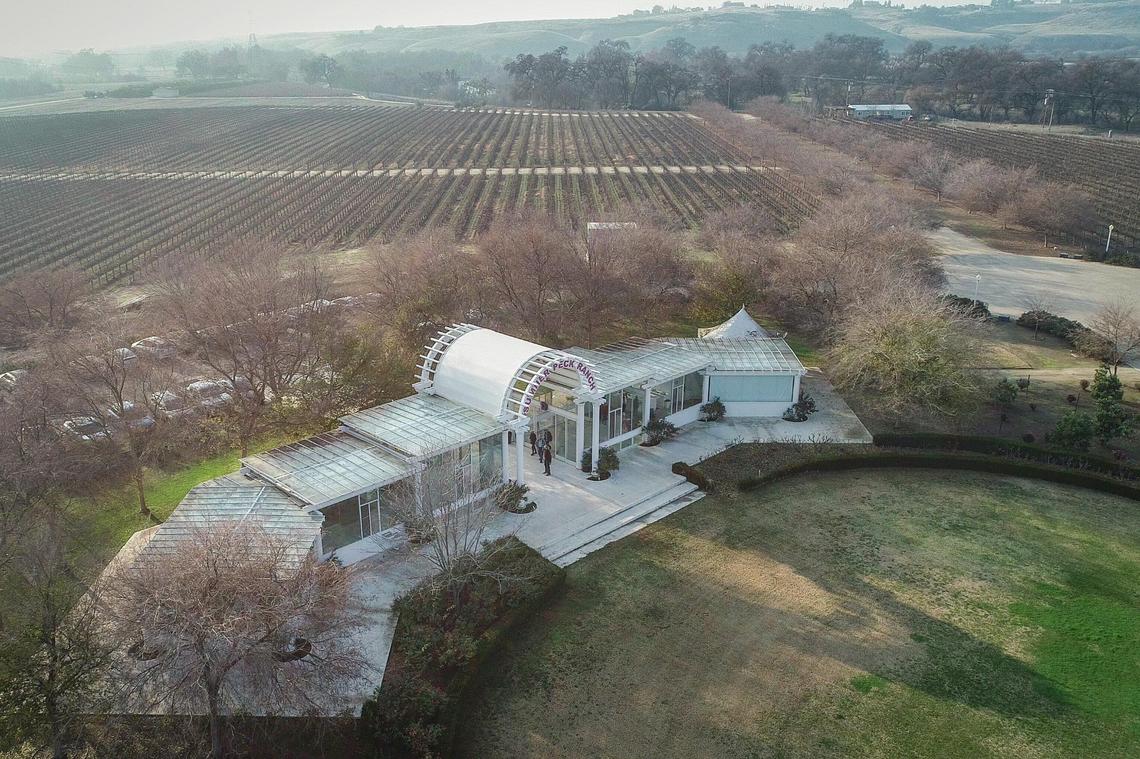 A former fruit stand last owned by Sumner Peck Ranch appears in this drone image on Thursday, Jan. 7, 2021. The ranch was recently acquired by the San Joaquin River Parkway and Conservation Trust with long-term plans to restore the site to wildlife habitat with a natural surface trail system.