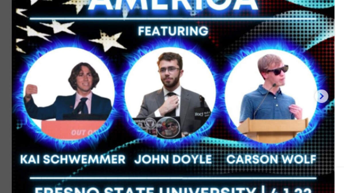 Screenshot of The Fresno State College Republicans club announcement of an event next week featuring speakers who were listed as special guests at the America First Political Action Conference organized by white nationalists.
