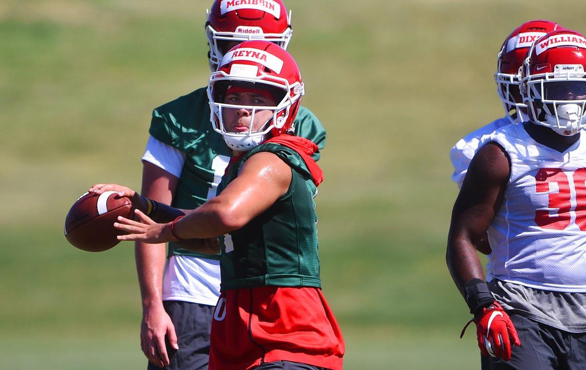 Fresno State quarterback Jorge Reyna prepares to throw on the first day of preseason camp Friday, Aug. 2, 2019. Reyna, a senior,has been tabbed as the starter by head coach Jeff Tedford.