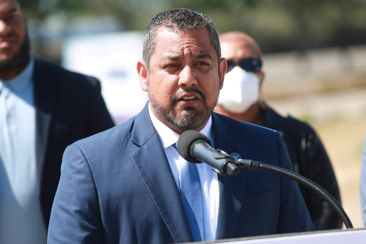Fresno Councilmember Miguel Arias during a press conference on the empty lot that will become the future home of the clinic in southeast Fresno. Arias, councilmember Luis Chávez and United Health Centers officials announced Thursday morning their collaboration to expand health care access with the construction of two facilities in two areas that face health inequities, lack of access to healthcare services and other many barriers such as transportation.