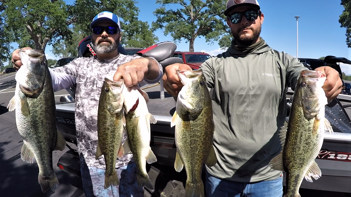 Ivan Velazquez and Oscar Nuno show off their winning catch of 14.16 pounds including the tournament big fish of 6.10 pounds from the April 17 Christian Bass League tournament at Lake Don Pedro.
