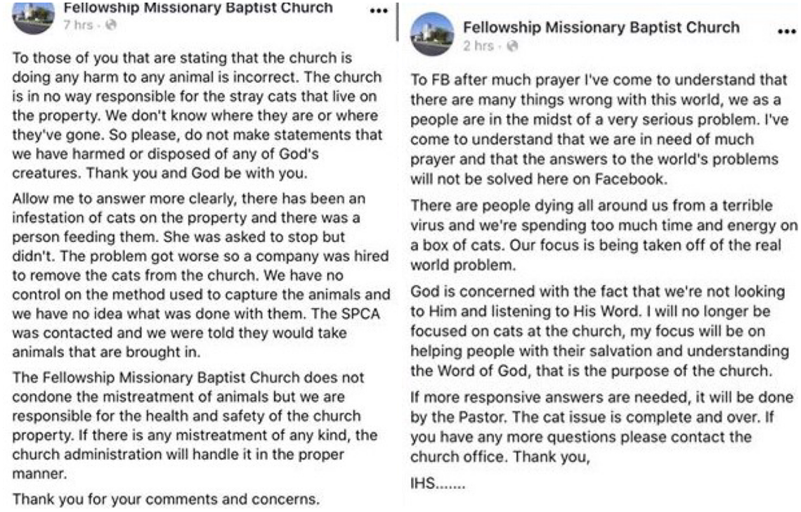 Screenshots of since-deleted Facebook posts by Fellowship Missionary Baptist Church.