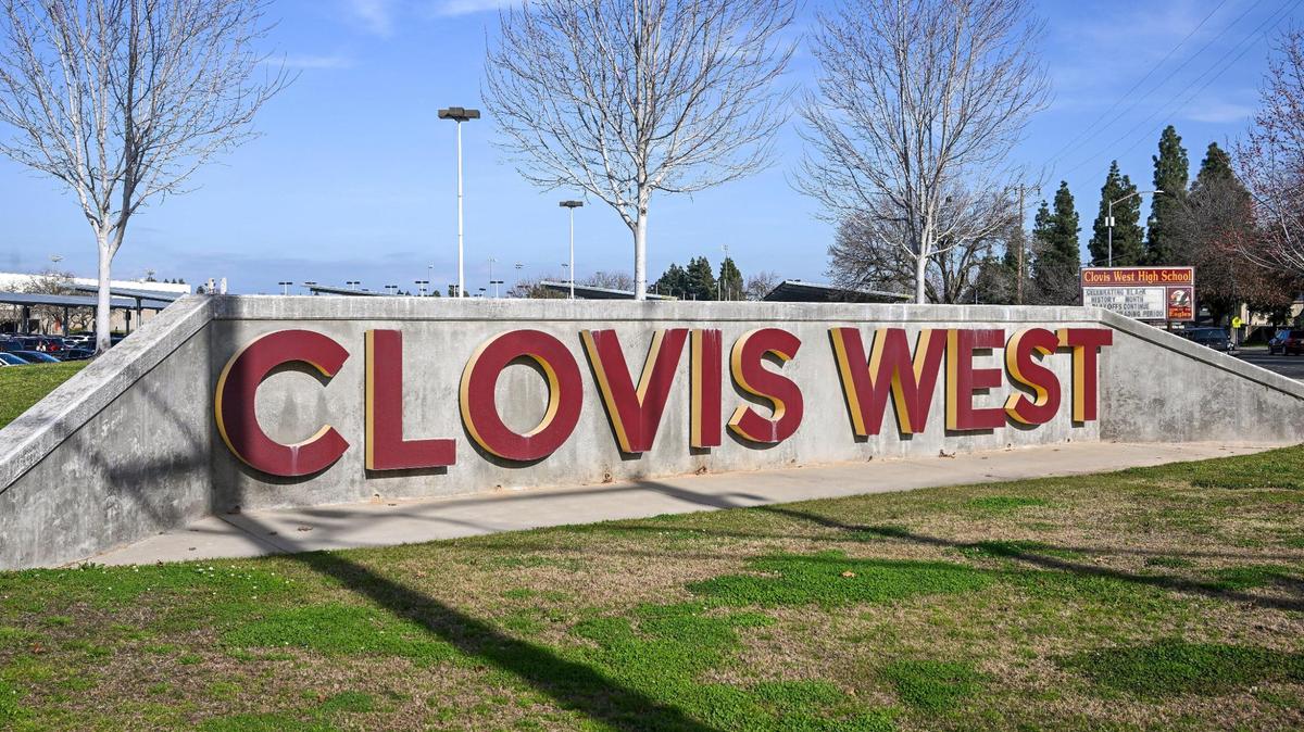 A large sign marks the front of Clovis West High School at the corner of Teague and Millbrook photographed on Tuesday, Feb. 18, 2025.