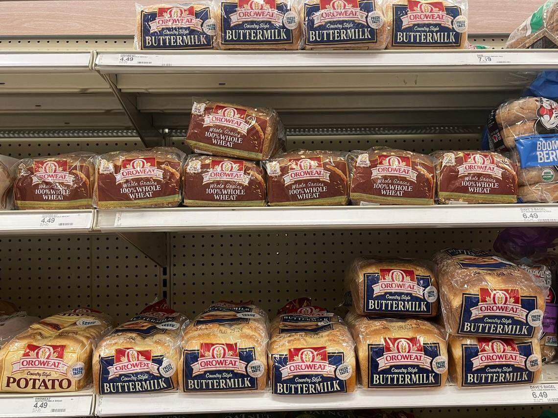Oroweat whole wheat bread costs $4.49 a loaf at Target in Fresno on Monday, Aug. 19, 2024.