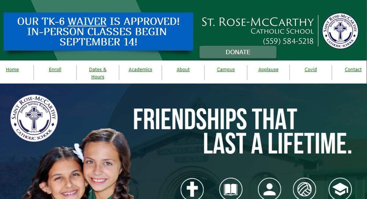 St. Rose McCarthy Catholic School in Hanford, California, was granted a reopening waiver by the King County Department of Public Health on August 28, 2020.