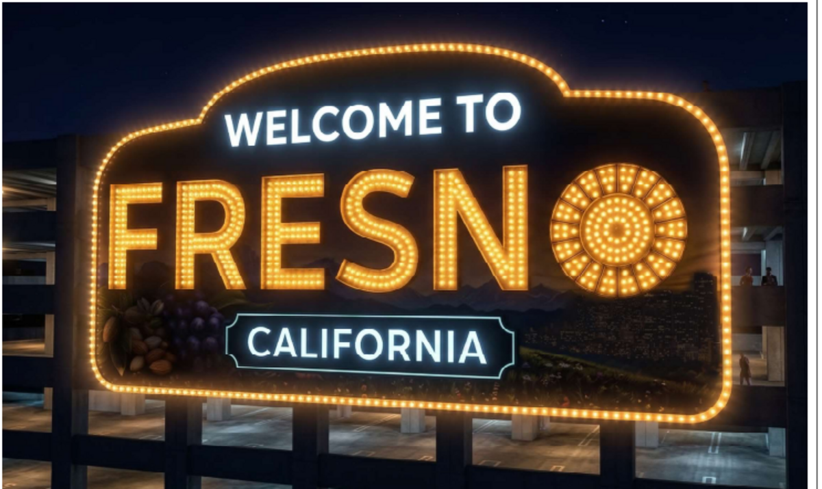 A large “Welcome to Fresno, California” sign is designed for a proposed $45 million parking garage across the street from Chukchansi Park.