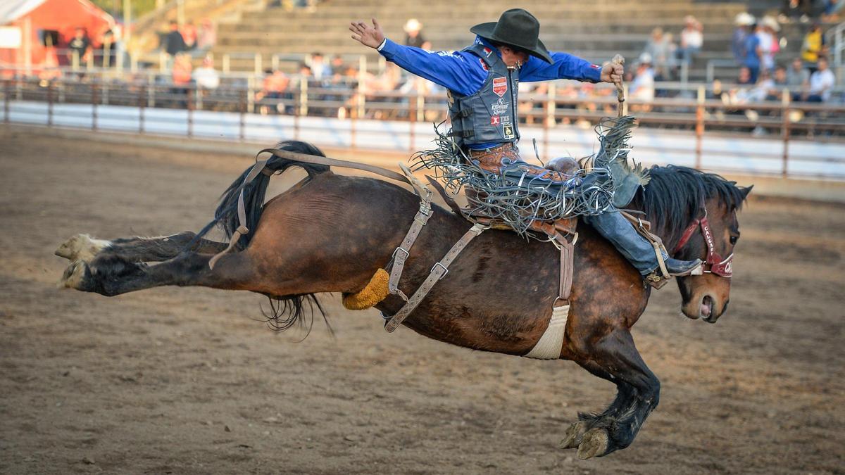 Stetson Wright of Milford, UT rides Sergeant Whitney in the saddle bronc riding section of the PRCA event at the Clovis Rodeo on Thursday, April 23, 2021.
