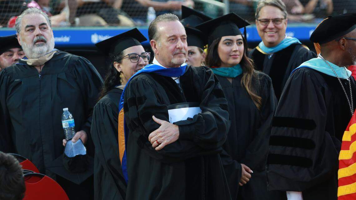 Fresno County Superintendent Jim Yovino (center) was this year’s distinguished alumnus and commencement speaker at Fresno City College commencement ceremony June 3 at Chukchansi Park.