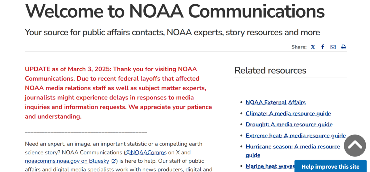 Screen shot of NOAA Communications website “Your source for public affairs contacts, NOAA experts, story resources and more.”