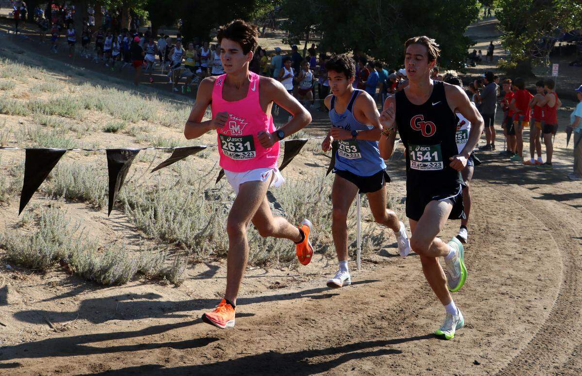 Oakdale High senior Jackson Oliveira finished 16th (15:24.4) in the Rob Brenner championship race of the 44th ASICS Clovis Invitational at Woodward Park on Oct. 7, 2023. Oakdale placed third.