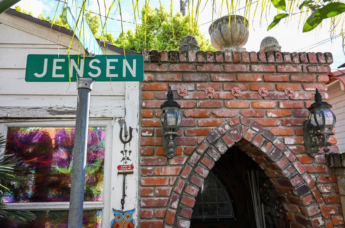 A brick entry to a back building on Jim Williams property is what he says his wife calls his crypt. Old signs, metal devices, sculptures, tools and historical artifacts adorn just about every part of Jim Williams’ home in the Fresno High area where he has created an eye-catching array of art over many decades.