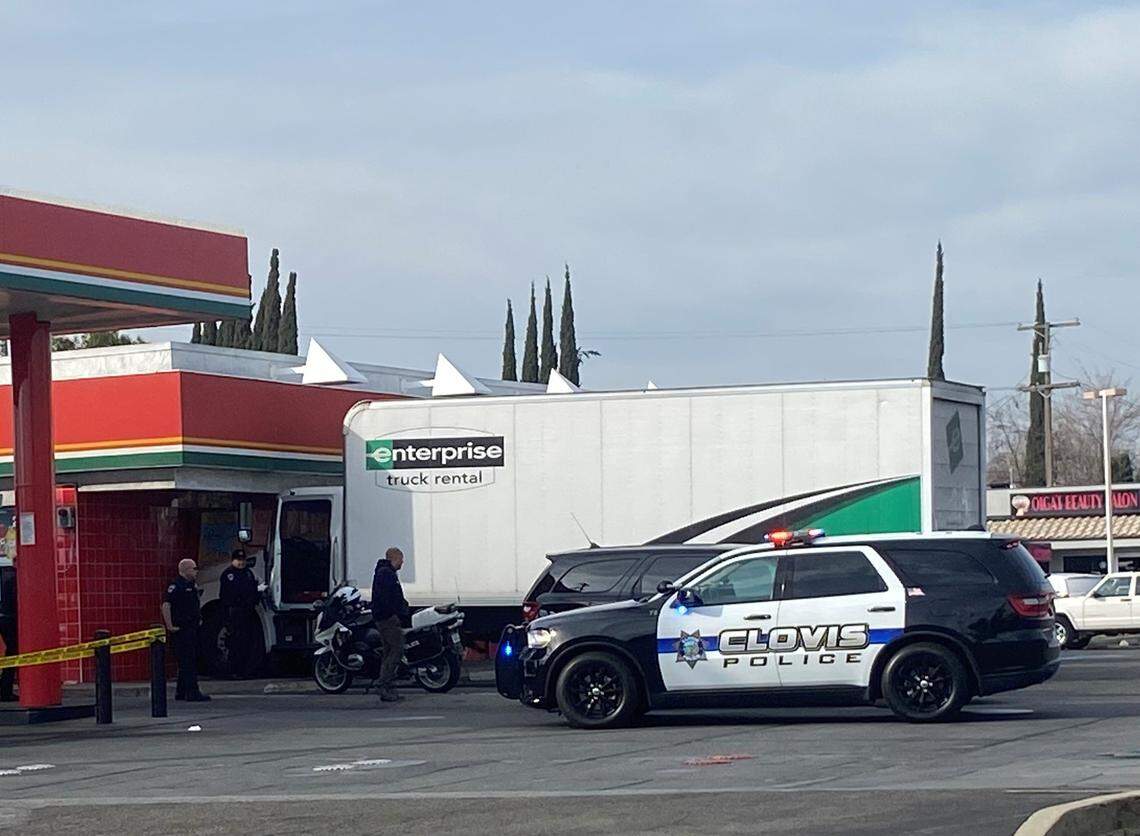 Police investigate at a gas station in Fresno where a man ran from the rental truck he stole in Clovis on Tuesday, Feb. 21, 2023, according to a Clovis police spokesperson.