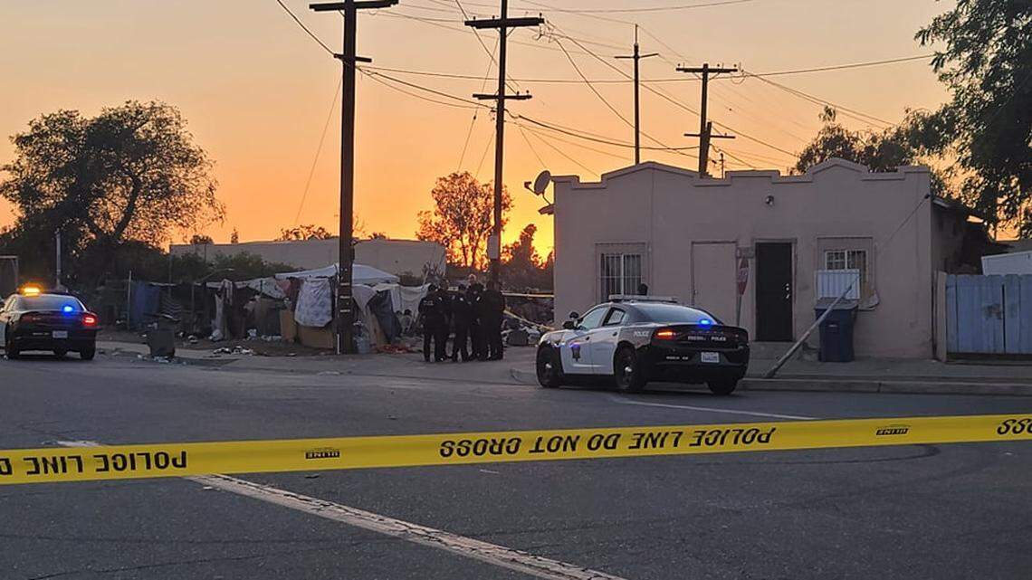 Fresno police were investigating a fatal shooting in a homeless encampment near Los Angeles Street and California Avenue in downtown on Friday, July 16, 2021.