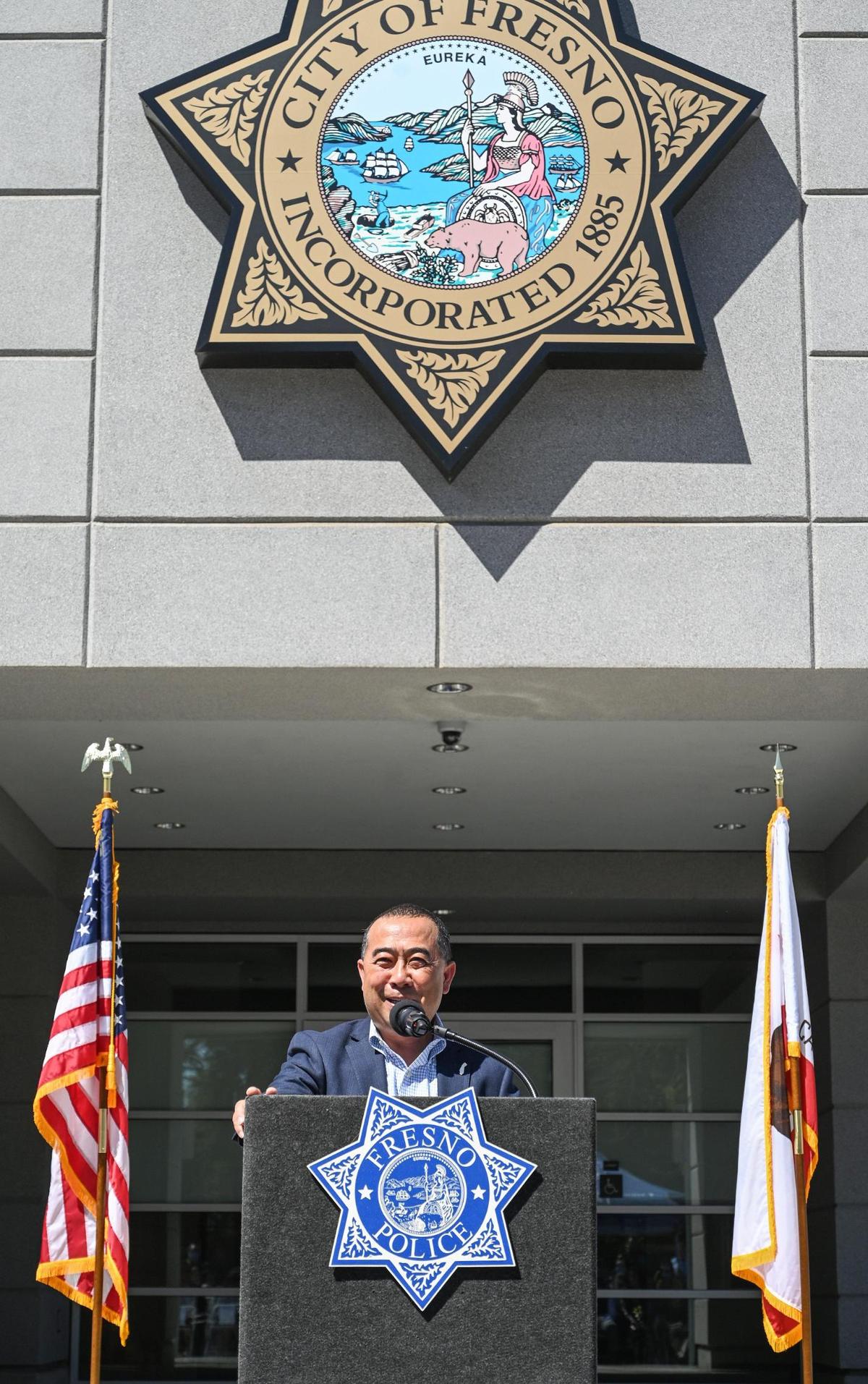 Former Fresno Councilmember Blong Xiong speaks during a dedication ceremony for the Fresno Police Department’s southeast district station, which is being named in honor of Phia Vang who died in an off-duty car crash, on Friday, April 15, 2022.