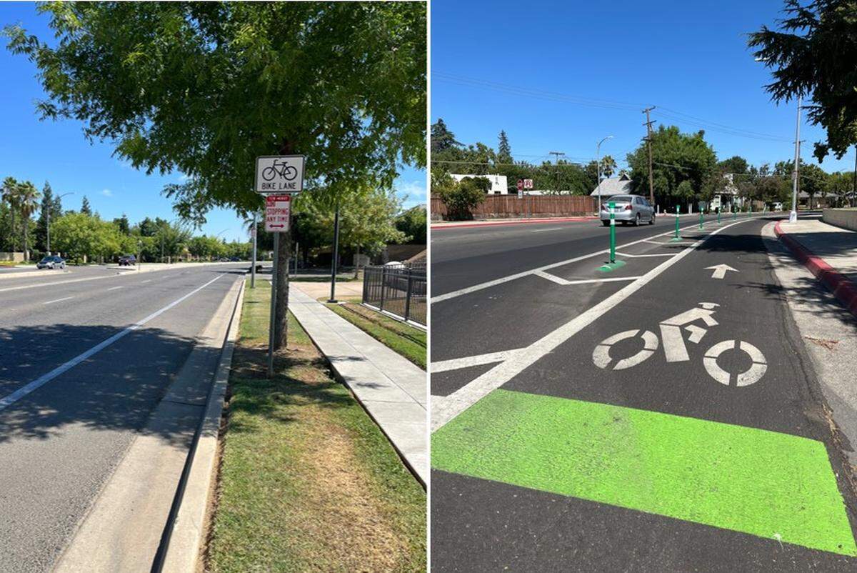 A posted sign denotes a standard bicycle lane separated from automobile traffic by a painted line near a northwest Fresno park, left, while a Class IV bikeway near Fresno City College in central Fresno has a wider striped painted margin as well as green traffic barriers to physically separate it from passing motorists.