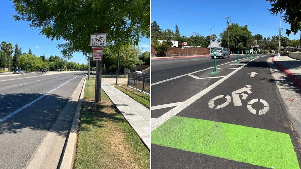 A posted sign denotes a standard bicycle lane separated from automobile traffic by a painted line near a northwest Fresno park, left, while a Class IV bikeway near Fresno City College in central Fresno has a wider striped painted margin as well as green traffic barriers to physically separate it from passing motorists.
