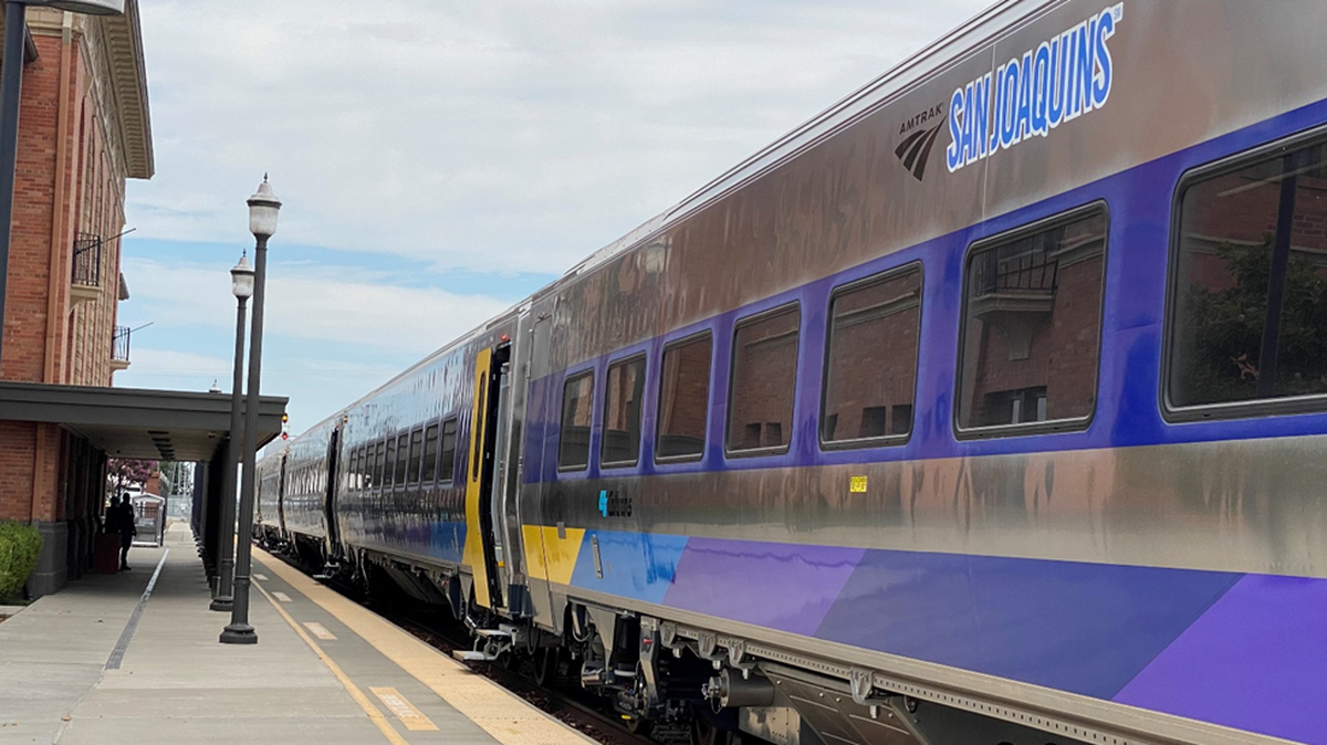 A view along the side of one of the new Venture trainsets built by Siemens Mobility for future service on the Amtrak San Joaquins passenger service through California’s Central Valley.