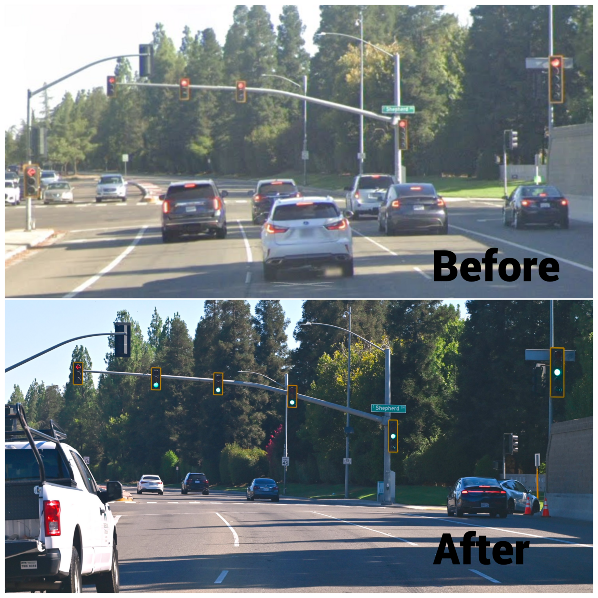 The photo above was from 2024, showing northbound Friant Road approaching the intersection with Shepherd Avenue. Previously, there were six stop lights facing northbound traffic. But the right lane that allows traffic to go straight did not have a stop light directly above or in front, which might be causing some confusion and a reason for accidents.