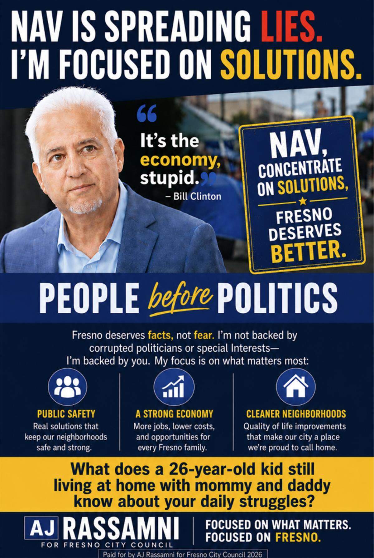 Fresno City Council District 7 candidate AJ Rassamni is responding with his own mailer against Nav Gurm.