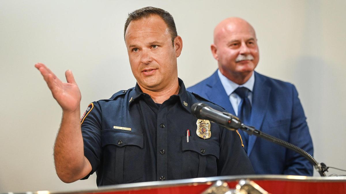 Billy Alcorn, flanked by Fresno Mayor Jerry Dyer, speaks to the media after being named chief of the Fresno Fire Department during a press conference at Fresno City Hall on Friday, July 21, 2023.