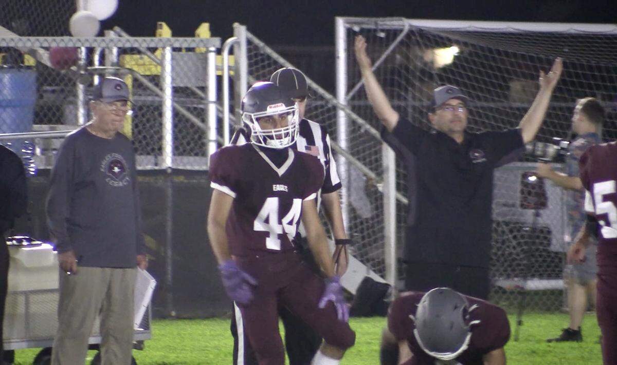 Fresno Christian defensive back Lucas Adanalian defends a play against Mammoth on Friday, Aug. 18, 2023. The Eagles won 34-6.