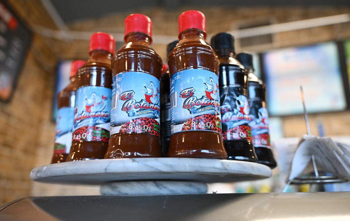 Bottled hot sauce seen at El Botanero Mariscos Wednesday, August 6, 2025 in Fresno.