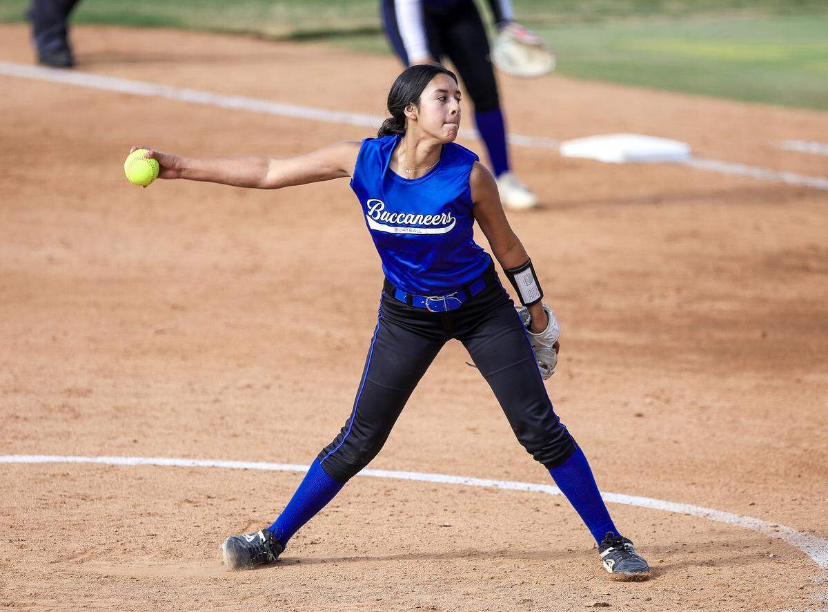 Avenal’s Khloe Nieto pitches during the Central Section Division VI championship against Minarets. The Buccaneers won 11-0.