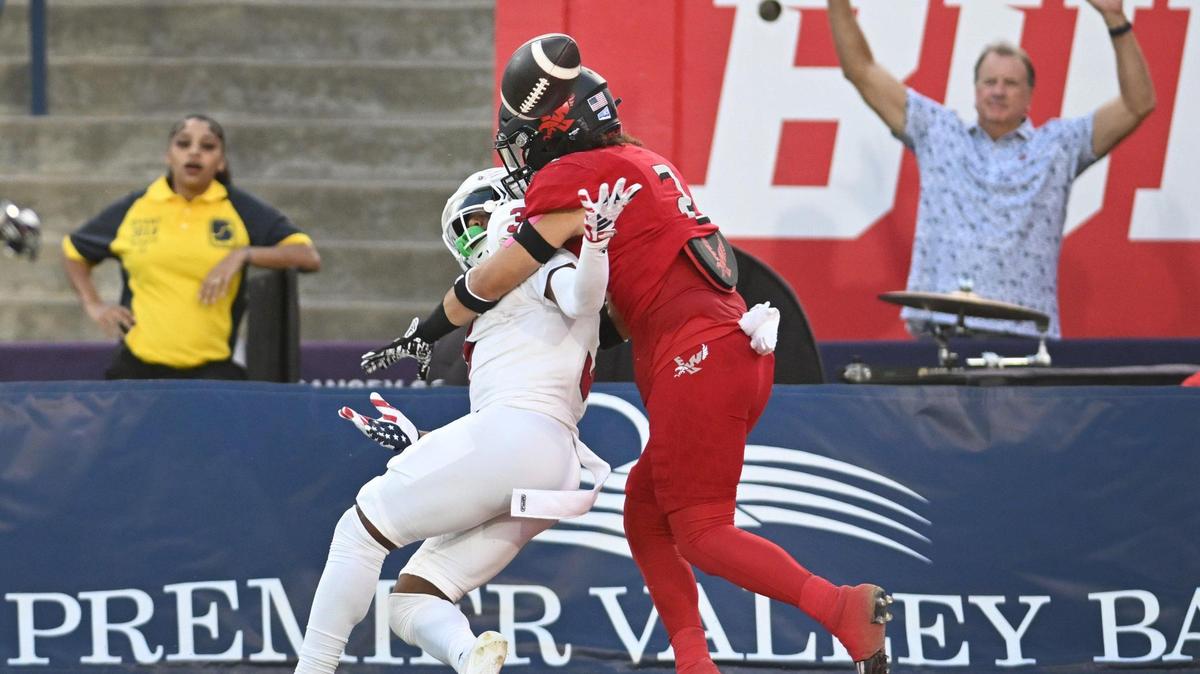 Fresno State’s Erik Brooks is unable to come down with the ball in the end zone while being defended by Eastern Washington’s Kentrell Williams Jr. during their game at Valley Children’s Stadium on Saturday, Sept. 9, 2023.