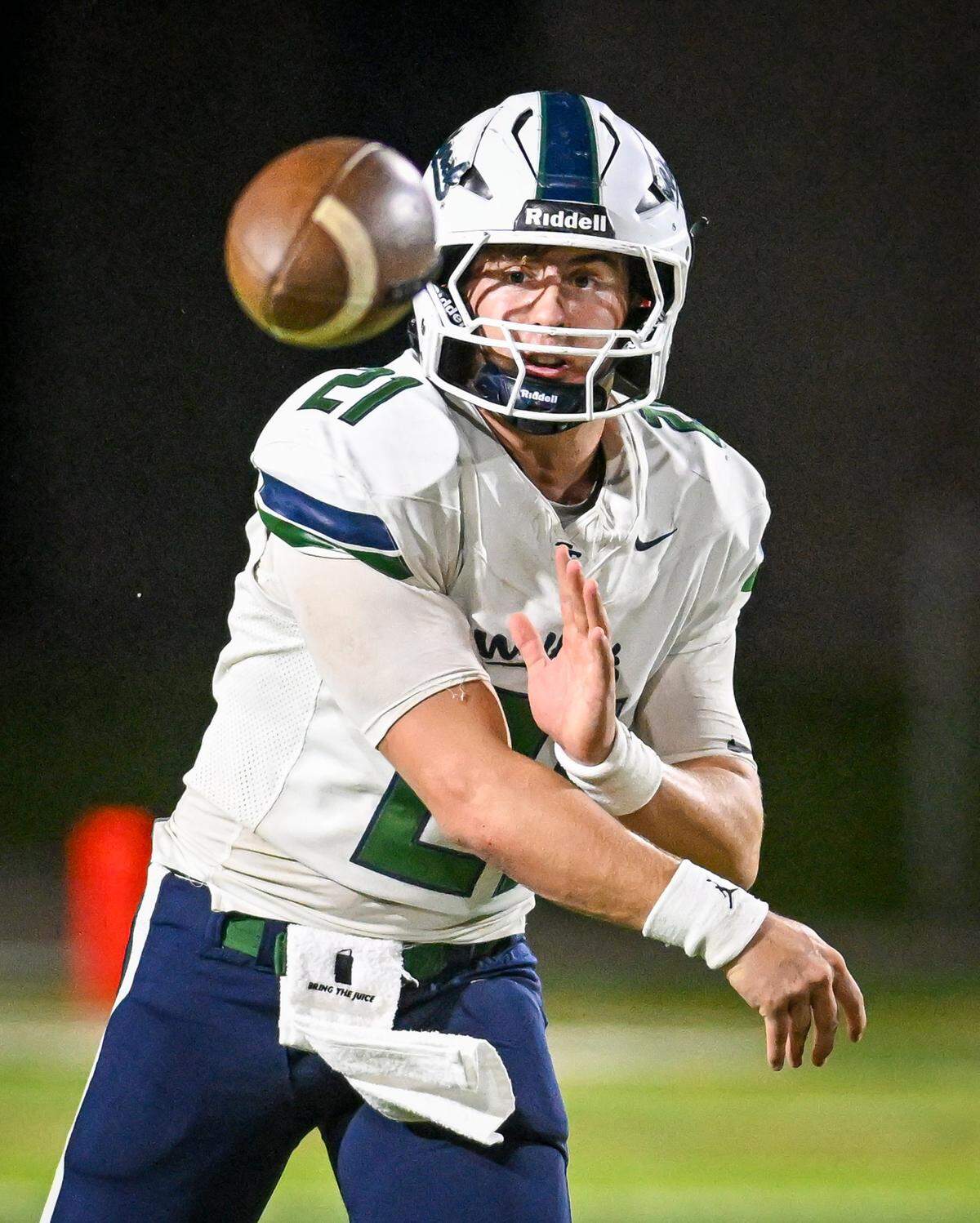 Clovis East quarterback Tristan Kircher throws downfield during their playoff game against Central East at Deran Koligian Stadium in Fresno on Friday, Nov. 7, 2025.
